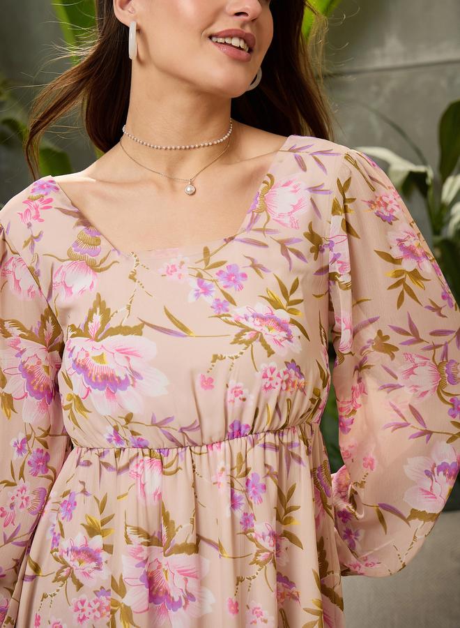 Sassafras Beige Floral Back-Cut Out Mini Dress - Image 4