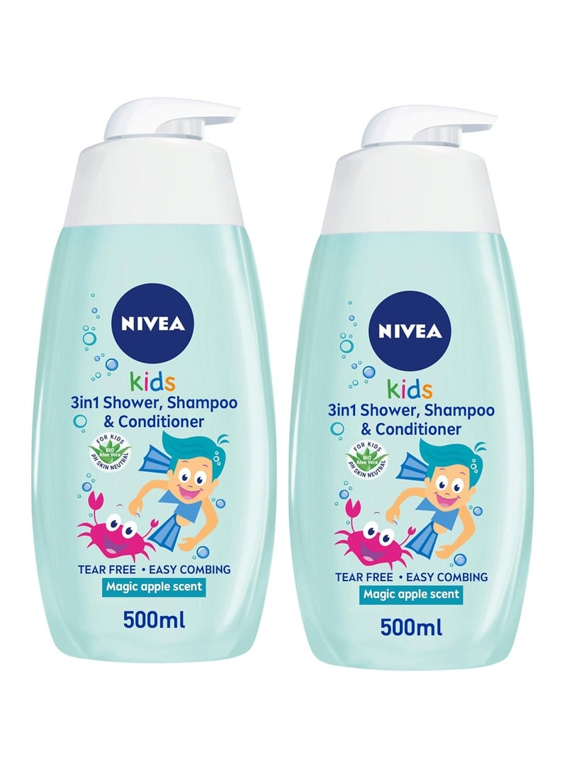 Nivea Kids 3in1 Shower Shampoo and Conditioner Bio Aloe Vera Magic Apple Scent 500ml Pack of 2 - Image 1