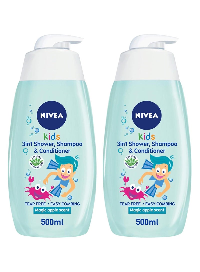 Nivea Kids 3in1 Shower Shampoo and Conditioner Bio Aloe Vera Magic Apple Scent 500ml Pack of 2 - Image 2