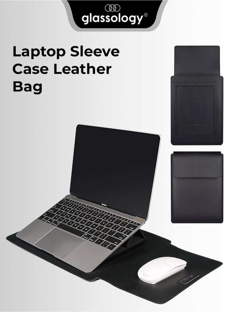 glassology 3-in-1 Laptop Sleeve – 14.1" Black13-14 Inch Laptop Sleeve Case Leather Bag with Stand Compatible with all 13-14'' PC, Leather Laptop Case with Mouse Pad Notebook Computer Protective Cover Slim Bag - Image 1