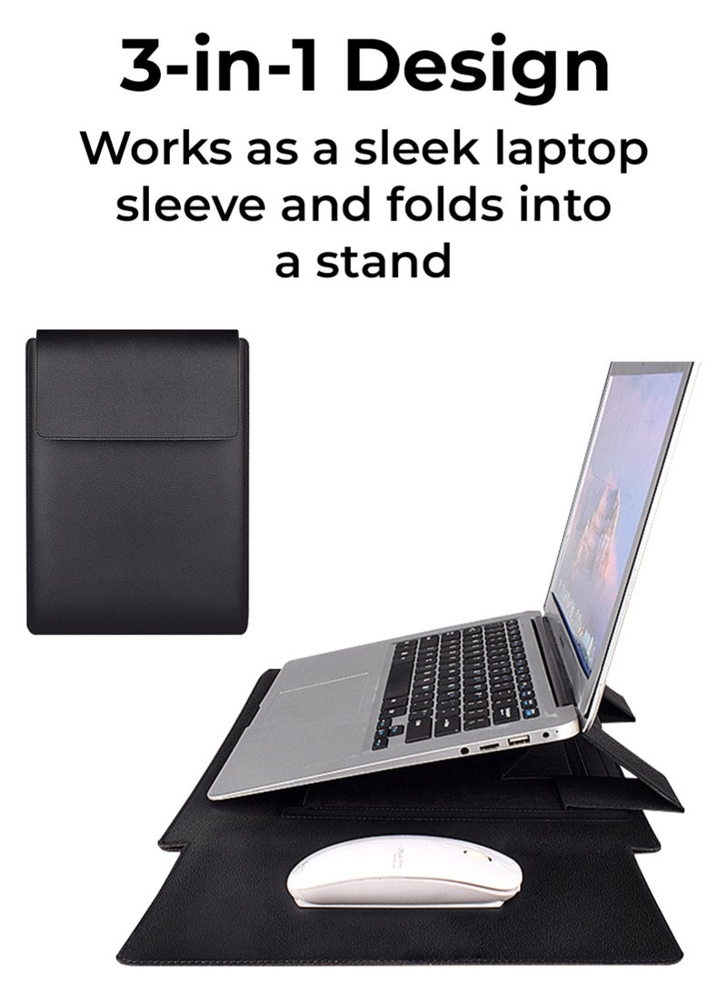 glassology 3-in-1 Laptop Sleeve – 14.1" Black13-14 Inch Laptop Sleeve Case Leather Bag with Stand Compatible with all 13-14'' PC, Leather Laptop Case with Mouse Pad Notebook Computer Protective Cover Slim Bag - Image 2