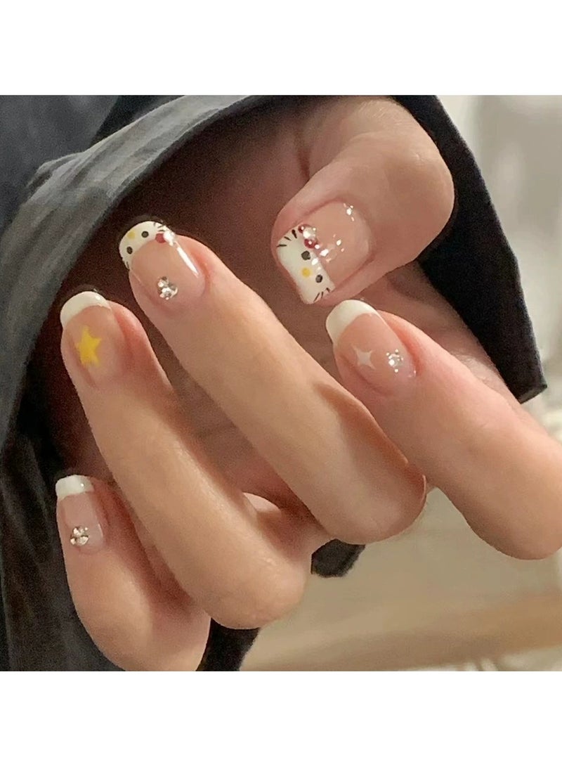 Goolsky أظافر ضغط فرنسية على شكل قطة لطيفة - نصائح أظافر كاواي رائعة للفتيات، 24 قطعة قابلة لإعادة الاستخدام، أسلوب يومي لطيف - Image 3