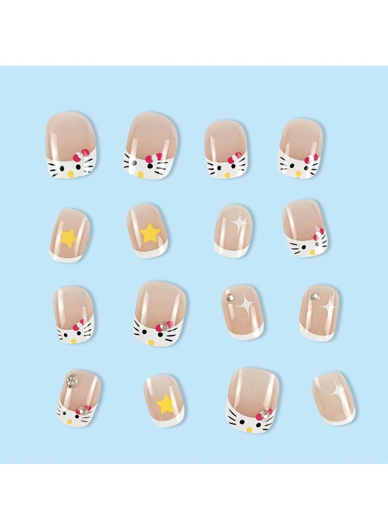 Goolsky أظافر ضغط فرنسية على شكل قطة لطيفة - نصائح أظافر كاواي رائعة للفتيات، 24 قطعة قابلة لإعادة الاستخدام، أسلوب يومي لطيف - Image 4