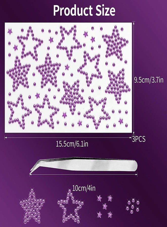 Jacnkb 3 Sheets Star Rhinestone Stickers Light Purple Adhesive Gems Face Jewels Stickers Bling Hair Diamond Decals Sparkly Crystal Pearls for Body Face Nails Crafts Decoration - Image 2
