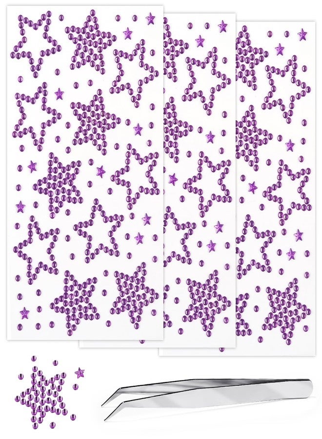 Jacnkb 3 Sheets Star Rhinestone Stickers Light Purple Adhesive Gems Face Jewels Stickers Bling Hair Diamond Decals Sparkly Crystal Pearls for Body Face Nails Crafts Decoration - Image 1