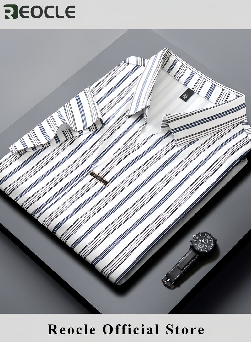 REOCLE Men's Stripe Polo Shirt Streetwear Summer Lapel Short Sleeve Business Thin Top - Image 4