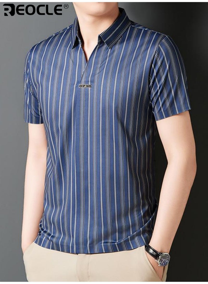 REOCLE Men's Stripe Polo Shirt Streetwear Summer Lapel Short Sleeve Business Thin Top - Image 1