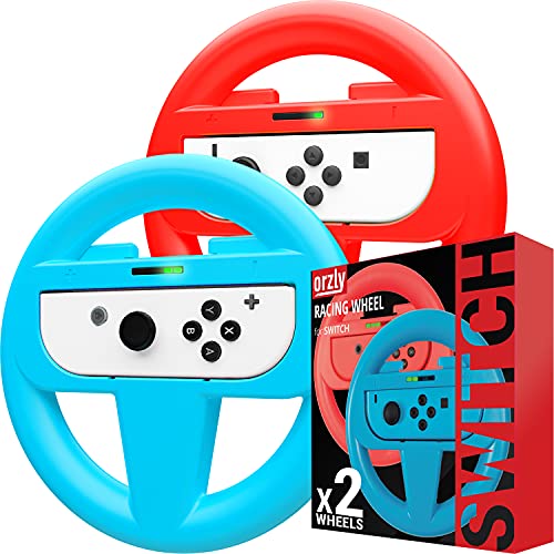 Orzly Steering Wheels for Nintendo Switch & OLED JoyCons, Racing Wheels for Mario Kart 8 Deluxe [Mariokart Switch Steering Wheel Joycon Controller Attachment Accessories] - TWIN PACK[1x Red & 1x Blue] - Image 1