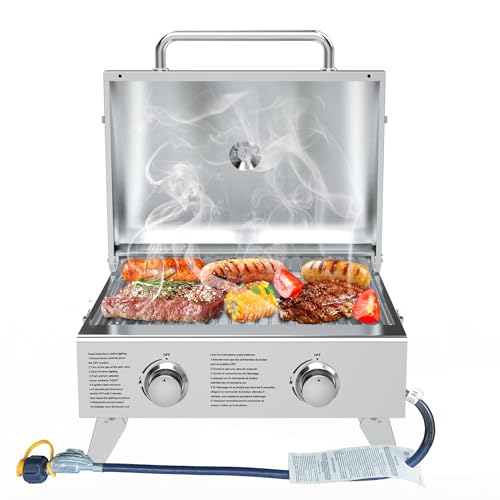 BBQCuker Portable Propane Gas Grill 2-Burner Tabletop with Foldable Legs for Outdoor Camping Cooking Two 10,000 BTU Burners Stainless Steel, and Built-in Thermometer Chef's Style - Image 1