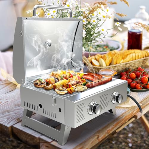 BBQCuker Portable Propane Gas Grill 2-Burner Tabletop with Foldable Legs for Outdoor Camping Cooking Two 10,000 BTU Burners Stainless Steel, and Built-in Thermometer Chef's Style - Image 5