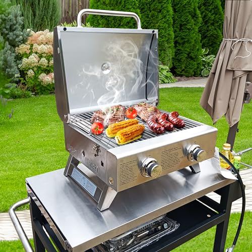 BBQCuker Portable Propane Gas Grill 2-Burner Tabletop with Foldable Legs for Outdoor Camping Cooking Two 10,000 BTU Burners Stainless Steel, and Built-in Thermometer Chef's Style - Image 2