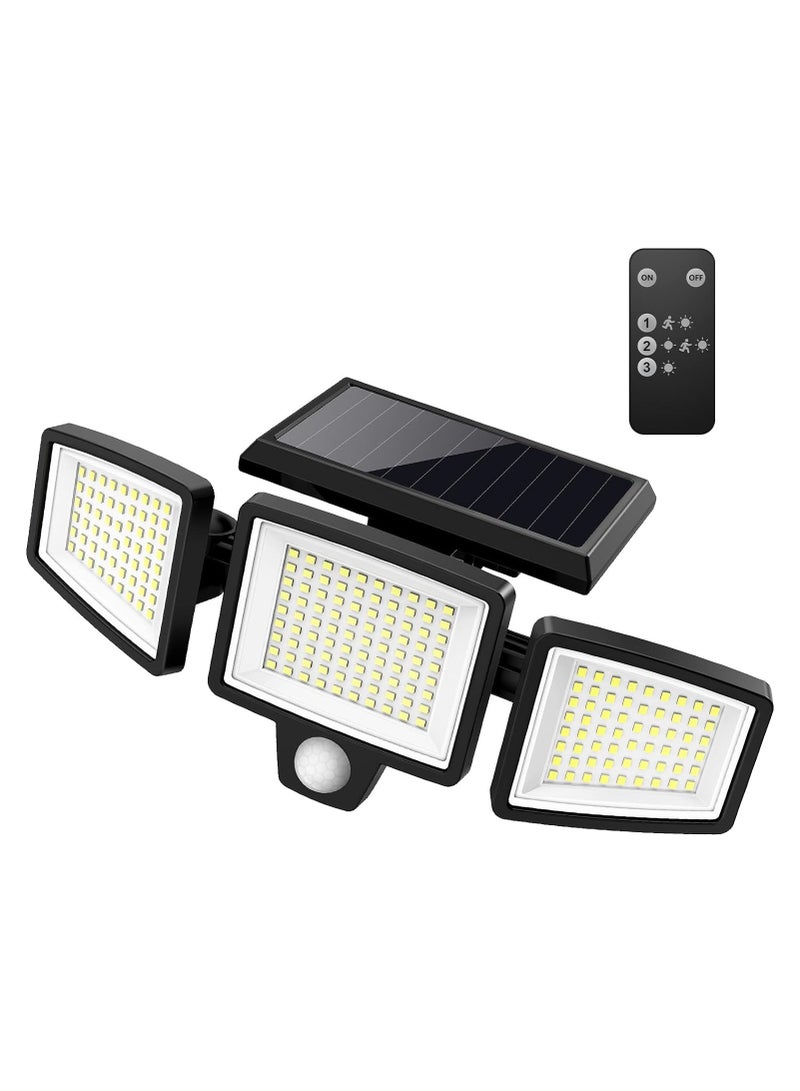 إسكدنيا أضواء شمسية للأماكن الخارجية، 210 خرزات LED، مصابيح مستشعر حركة 2500 لومن مع جهاز تحكم عن بعد، IP65 مقاومة للماء، 3 رؤوس إضاءة LED للأمان، إضاءة حائط بزاوية واسعة 360 درجة مع 3 أوضاع - Image 1