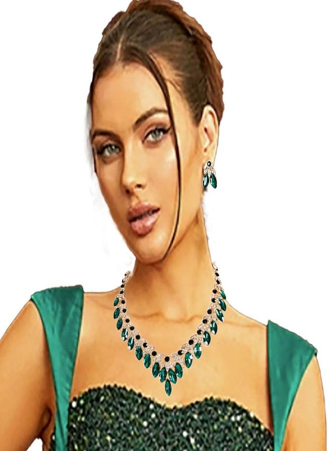 Zthread Crystal Rhinestone Bridal Jewelry Set, 4 Pieces, Necklace Earrings Bracelet Ring, Floral Statement Design (Green) - Image 2