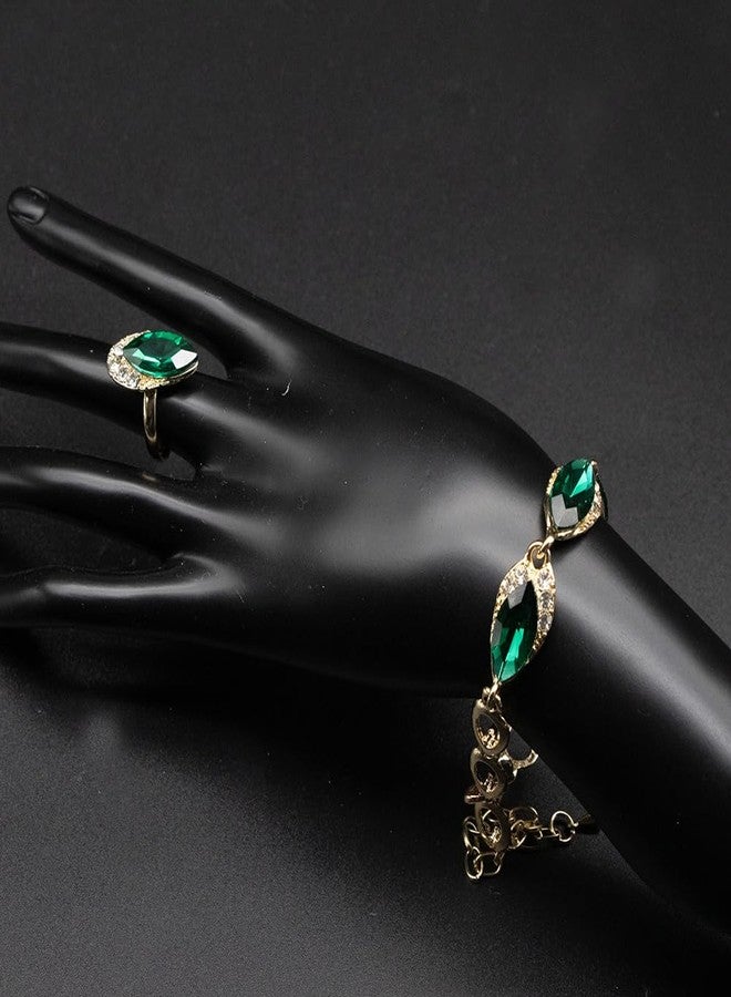 Zthread Crystal Rhinestone Bridal Jewelry Set, 4 Pieces, Necklace Earrings Bracelet Ring, Floral Statement Design (Green) - Image 5