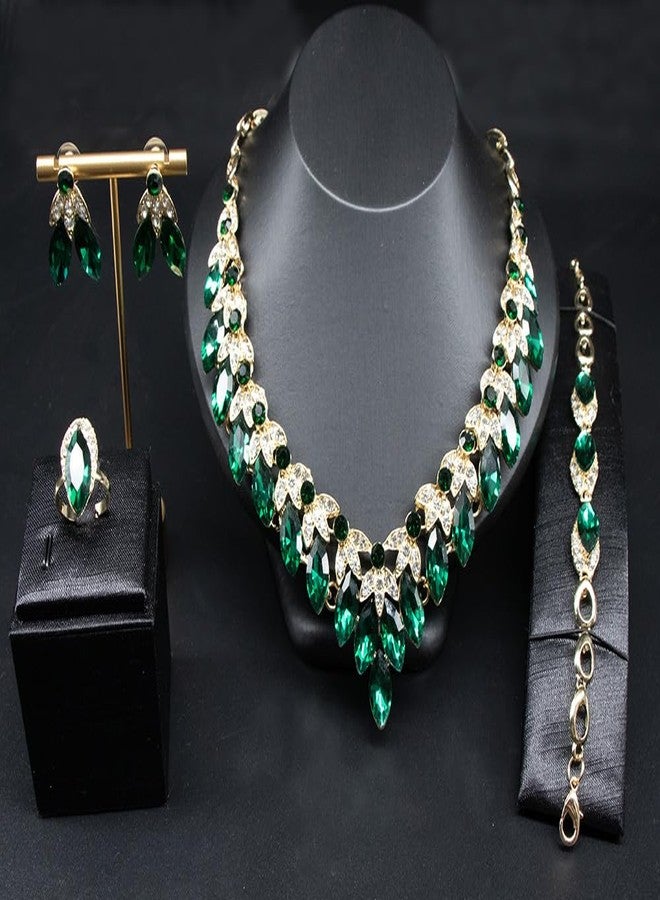 Zthread Crystal Rhinestone Bridal Jewelry Set, 4 Pieces, Necklace Earrings Bracelet Ring, Floral Statement Design (Green) - Image 3