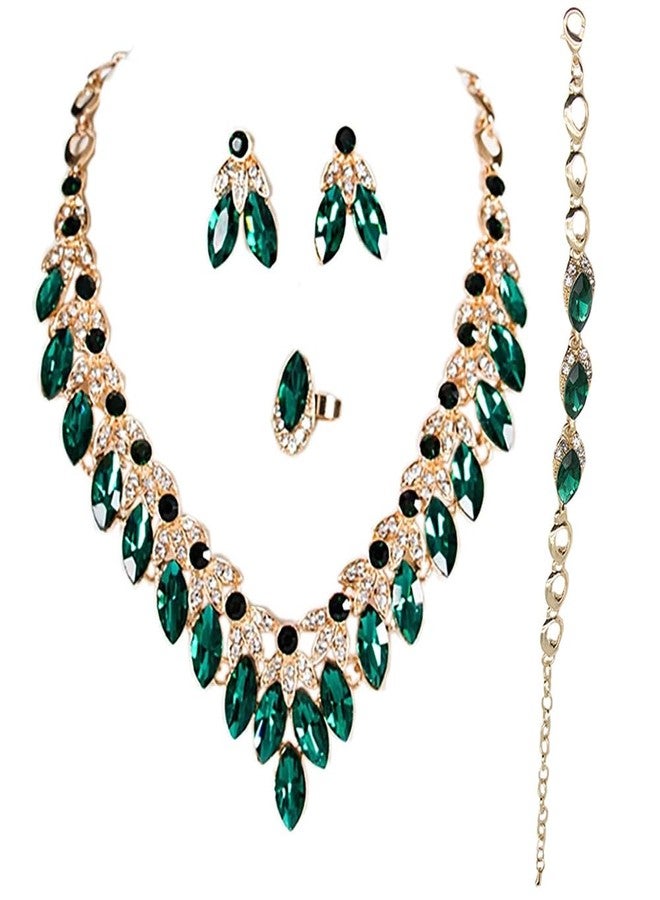 Zthread Crystal Rhinestone Bridal Jewelry Set, 4 Pieces, Necklace Earrings Bracelet Ring, Floral Statement Design (Green) - Image 1