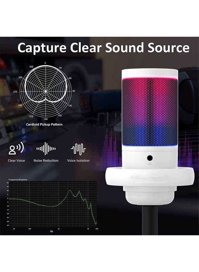 oldlaiben RGB Gaming Microphone, USB Computer Desktop Microphone, Condenser One-Touch Mute Recording Microphone, Tap to Mute Sensor, Plug and Play, For Gaming, Streaming, Recording（White）  - Image 2