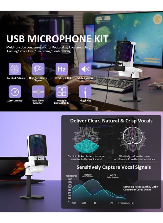 oldlaiben RGB Gaming Microphone, USB Computer Desktop Microphone, Condenser One-Touch Mute Recording Microphone, Tap to Mute Sensor, Plug and Play, For Gaming, Streaming, Recording（White）  - Image 3