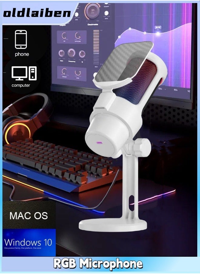 oldlaiben RGB Gaming Microphone, USB Computer Desktop Microphone, Condenser One-Touch Mute Recording Microphone, Tap to Mute Sensor, Plug and Play, For Gaming, Streaming, Recording（White）  - Image 1