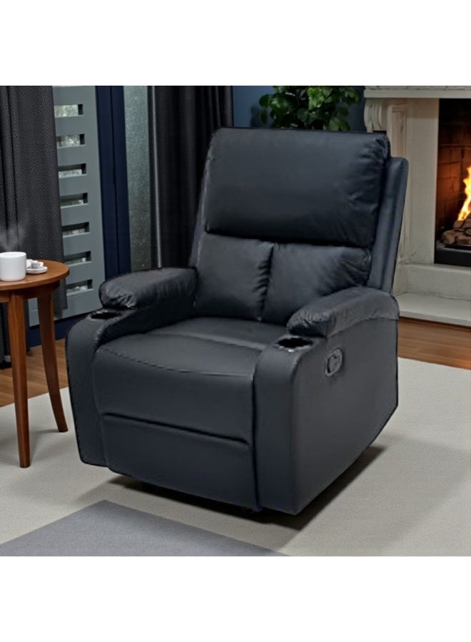 مفروشات صابر واخوانه (ذ.م.م) SBF Single Seater PU Leather Manual Recliner with Cup Holders - Modern Design, Ultimate Comfort, One-Seat Relaxing Chair, Ideal Living Room Furniture For Home Relaxation Experience, Black - Image 4