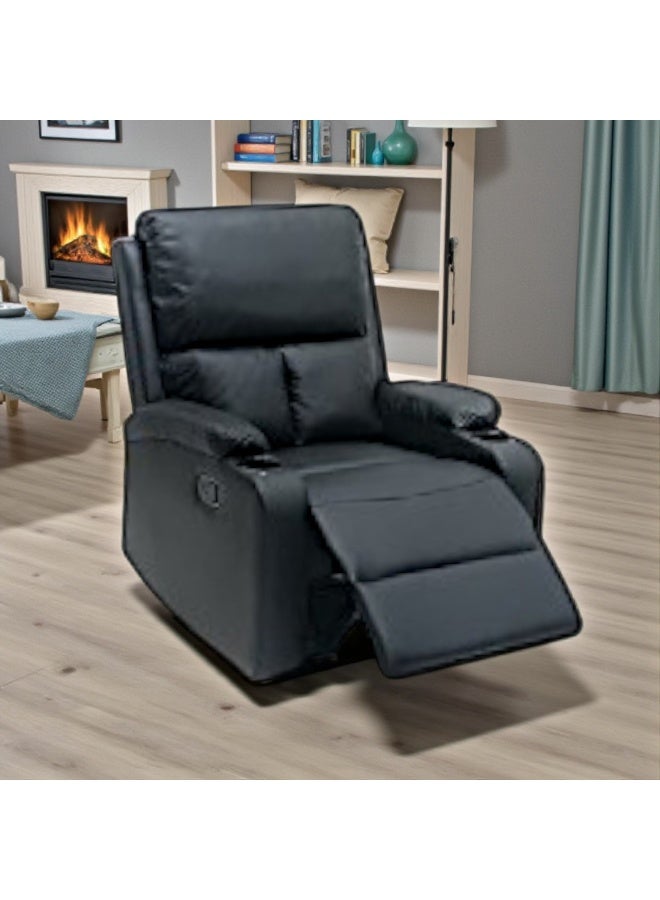 مفروشات صابر واخوانه (ذ.م.م) SBF Single Seater PU Leather Manual Recliner with Cup Holders - Modern Design, Ultimate Comfort, One-Seat Relaxing Chair, Ideal Living Room Furniture For Home Relaxation Experience, Black - Image 2