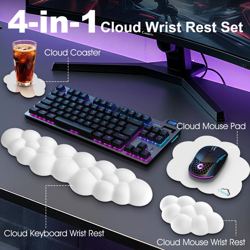 Retuhapy Cloud Wrist Rest Keyboard Cushion, 4-in-1 Ergonomic Cloud Keyboard Wrist Rest and Mouse Pad Set with Memory Foam Arm Support for Palm, Cute Desk Accessory for PC Gaming Setup, White - Image 2