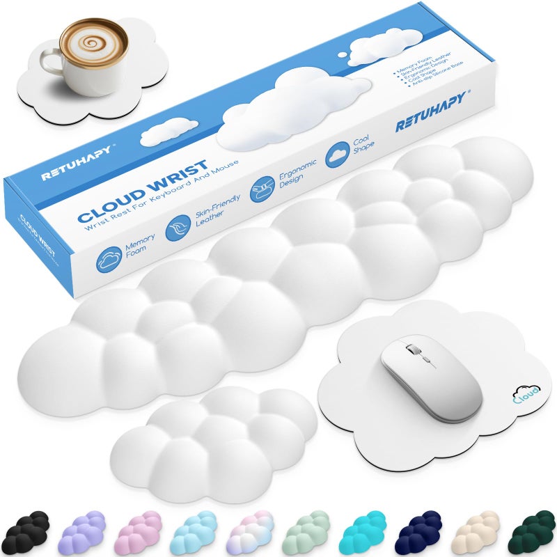 Retuhapy Cloud Wrist Rest Keyboard Cushion, 4-in-1 Ergonomic Cloud Keyboard Wrist Rest and Mouse Pad Set with Memory Foam Arm Support for Palm, Cute Desk Accessory for PC Gaming Setup, White - Image 1