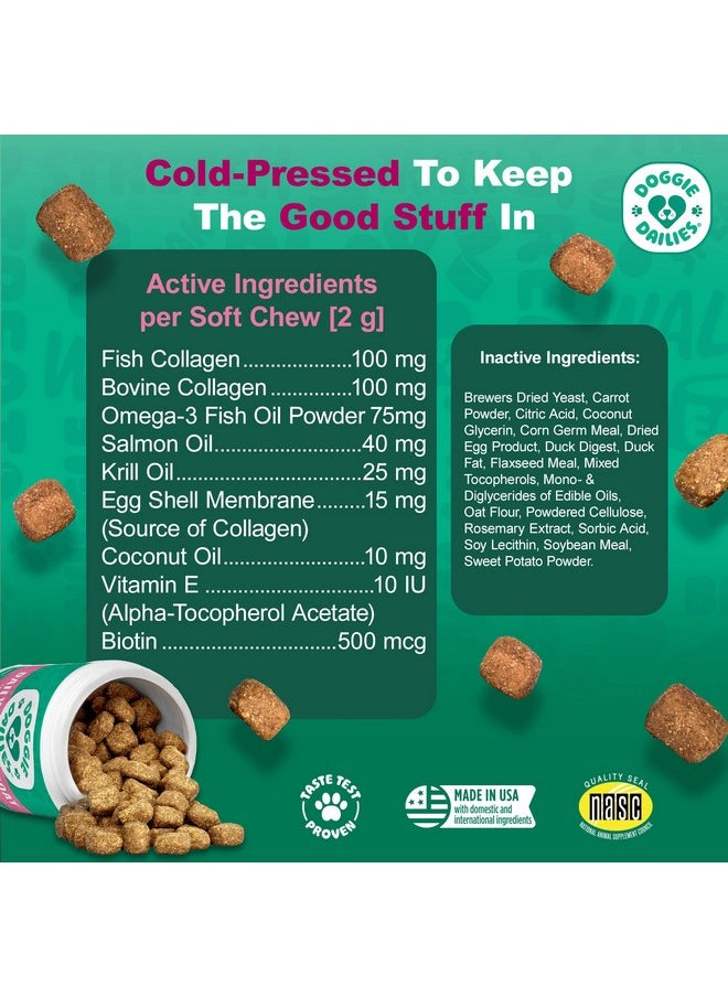 Doggie Dailies - Doggie Dailies Skin & Coat Supplement Support, Salmon Oil for Dogs Skin and Coat with Collagen, Omega 3, Krill Oil, Biotin, & Coconut Oil for Dogs (Duck) 225 Soft Chews - Image 1