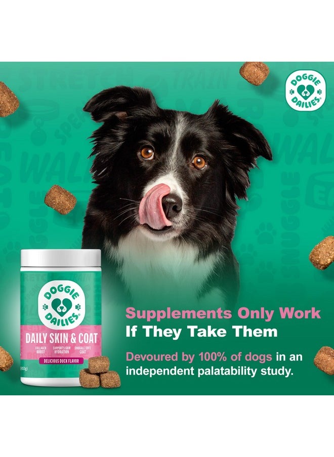 Doggie Dailies - Doggie Dailies Skin & Coat Supplement Support, Salmon Oil for Dogs Skin and Coat with Collagen, Omega 3, Krill Oil, Biotin, & Coconut Oil for Dogs (Duck) 225 Soft Chews - Image 1