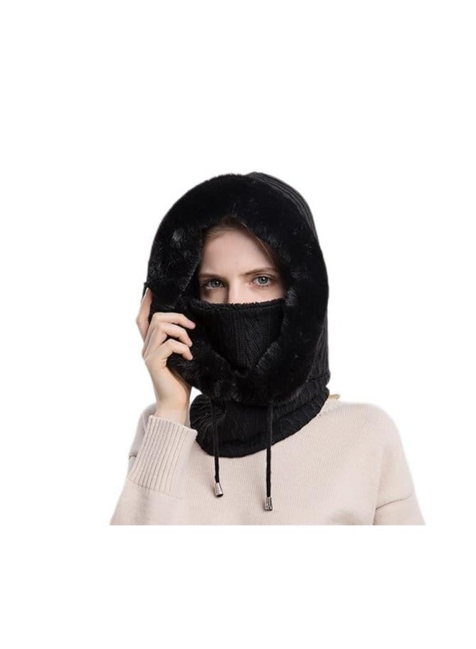 Warm Winter Beanie Hat & Scarf Mask Set for Women, Fleece Knitted Balaclava Hooded Pullover Hat & Face Covering 