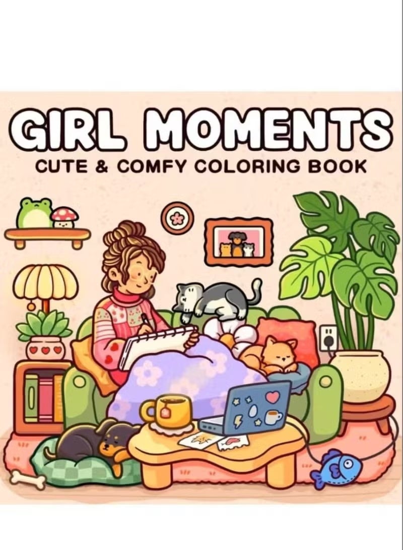 “Girl Moments” Cozy Coloring Book for Adults & Teens - Whimsical Scenes of Reading with Pets for Stress Relief & Anxiety | Perfect Mindful Gift for Women, Self-Care & Relaxing Evenings - Image 1