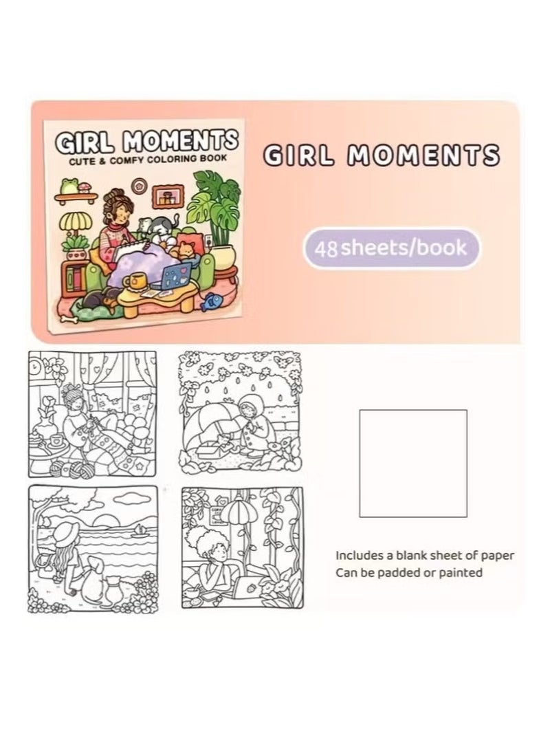 “Girl Moments” Cozy Coloring Book for Adults & Teens - Whimsical Scenes of Reading with Pets for Stress Relief & Anxiety | Perfect Mindful Gift for Women, Self-Care & Relaxing Evenings - Image 3