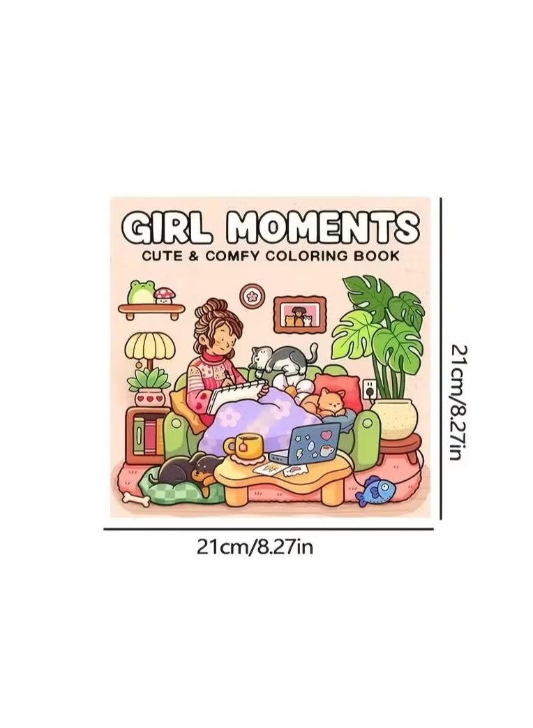“Girl Moments” Cozy Coloring Book for Adults & Teens - Whimsical Scenes of Reading with Pets for Stress Relief & Anxiety | Perfect Mindful Gift for Women, Self-Care & Relaxing Evenings - Image 2