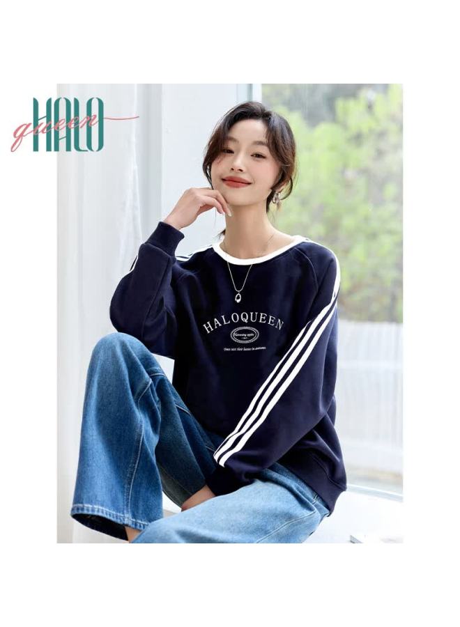 HALOQUEEN Halo Queen Women's Sweatshirt, Spring And Autumn Round Neck, Striped Letter Print, Loose Casual Versatile Pullover Top, Trendy H143w1046 - Image 1