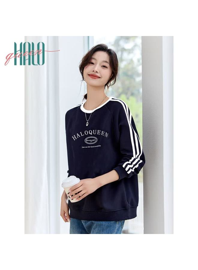 HALOQUEEN Halo Queen Women's Sweatshirt, Spring And Autumn Round Neck, Striped Letter Print, Loose Casual Versatile Pullover Top, Trendy H143w1046 - Image 2