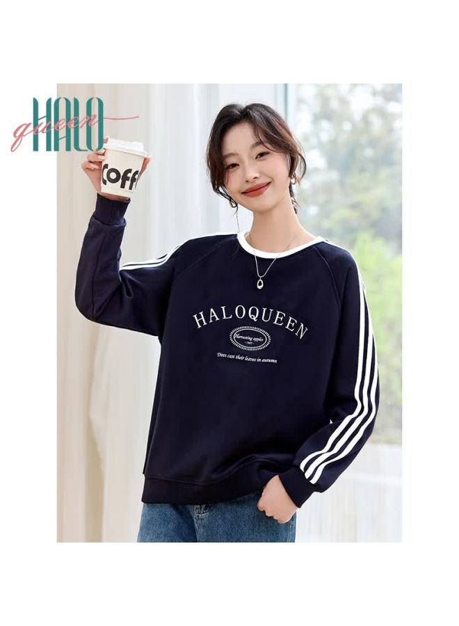 HALOQUEEN Halo Queen Women's Sweatshirt, Spring And Autumn Round Neck, Striped Letter Print, Loose Casual Versatile Pullover Top, Trendy H143w1046 - Image 4