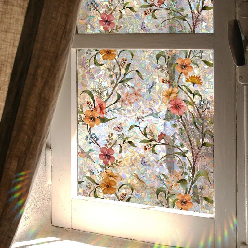 Colorful Floral Bouquet Window Stickers | Stained Glass Film, Rainbow Decorative Decals for Home - 15.7x39.4 Inch - Image 1