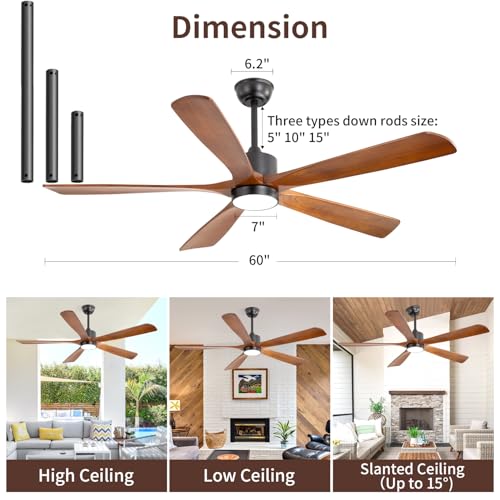 Mount Jasper 60 Inch Ceiling Fan with Light - 5 Walnut Wood Blades, UL Damp Rated for Indoor & Outdoor, 3 Color LED (3000K-6500K), DC Motor, 6-Speed Reversible Remote, Farmhouse Bedroom - Image 2