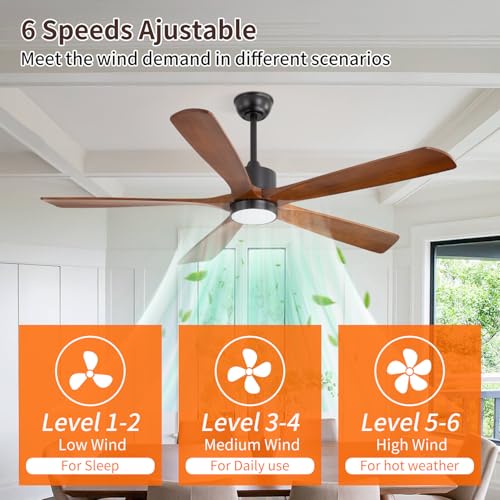 Mount Jasper 60 Inch Ceiling Fan with Light - 5 Walnut Wood Blades, UL Damp Rated for Indoor & Outdoor, 3 Color LED (3000K-6500K), DC Motor, 6-Speed Reversible Remote, Farmhouse Bedroom - Image 4