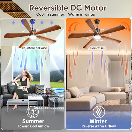 Mount Jasper 60 Inch Ceiling Fan with Light - 5 Walnut Wood Blades, UL Damp Rated for Indoor & Outdoor, 3 Color LED (3000K-6500K), DC Motor, 6-Speed Reversible Remote, Farmhouse Bedroom - Image 5