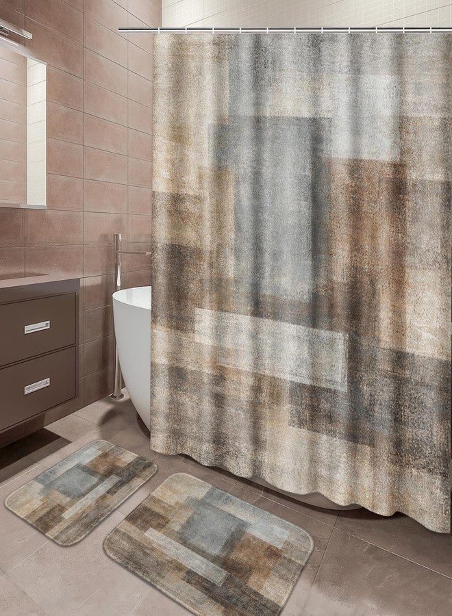 ArtSocket Brown Beige Bathroom Set with Shower Curtain and Rugs and Accessories, Brown Grey Abstract Shower Curtain Set, Modern Abstract Bathroom Decor 3 Pcs - Image 1