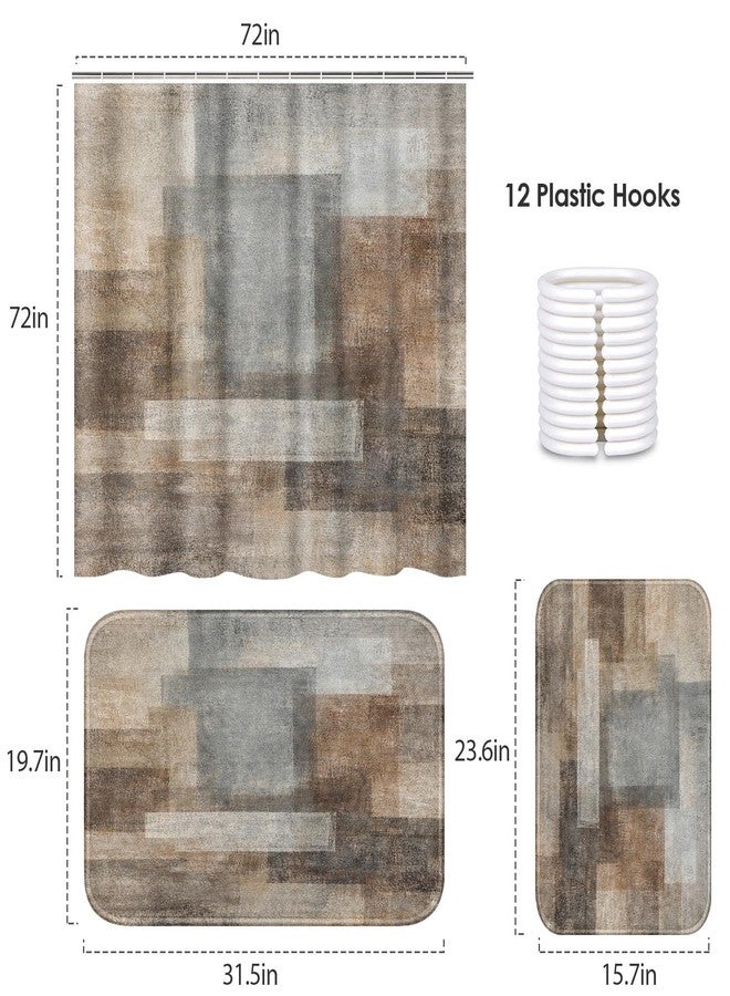ArtSocket Brown Beige Bathroom Set with Shower Curtain and Rugs and Accessories, Brown Grey Abstract Shower Curtain Set, Modern Abstract Bathroom Decor 3 Pcs - Image 3