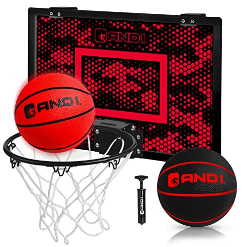 AND1 Mini Basketball Hoop 18x12 PreAssembled Portable Over The Door with Flex Rim Includes Two Deflated 5 Mini Basketball with Pump for Indoor RedBlack - Image 1