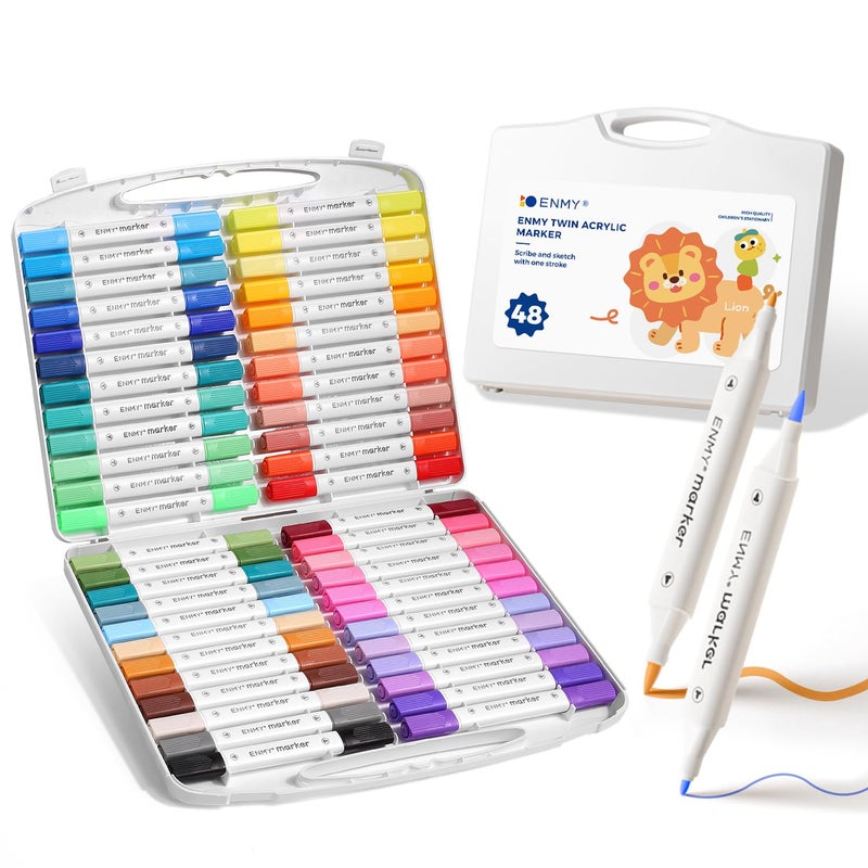 ENMY Dual Tip Acrylic Paint Markers 48 Colors Acrylic Paint Marker Pens with Portable Case Acrylic Art Markers for Art Craft Supplies for Glass Pottery Ceramic Rock Canvas DIY Art Supplies