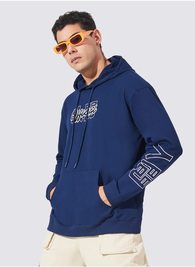 مانياك Maniac Men Printed Hooded Neck Full Sleeve Navy Cotton Sweatshirt