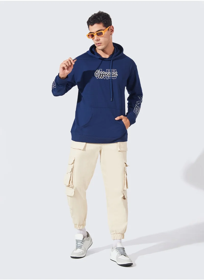 مانياك Maniac Men Printed Hooded Neck Full Sleeve Navy Cotton Sweatshirt