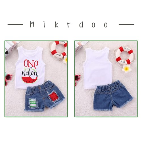 Mikrdoo Toddler Girl Summer Outfits Sleeveless Watermelon Tank Top + Denim Shorts Clothing Set (12-18 Months, White) - Image 4