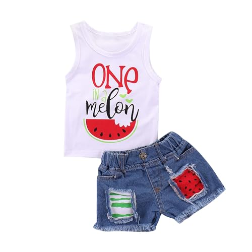 Mikrdoo Toddler Girl Summer Outfits Sleeveless Watermelon Tank Top + Denim Shorts Clothing Set (12-18 Months, White) - Image 1