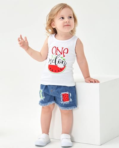 Mikrdoo Toddler Girl Summer Outfits Sleeveless Watermelon Tank Top + Denim Shorts Clothing Set (12-18 Months, White) - Image 2