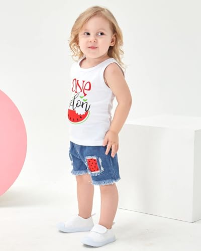 Mikrdoo Toddler Girl Summer Outfits Sleeveless Watermelon Tank Top + Denim Shorts Clothing Set (12-18 Months, White) - Image 3